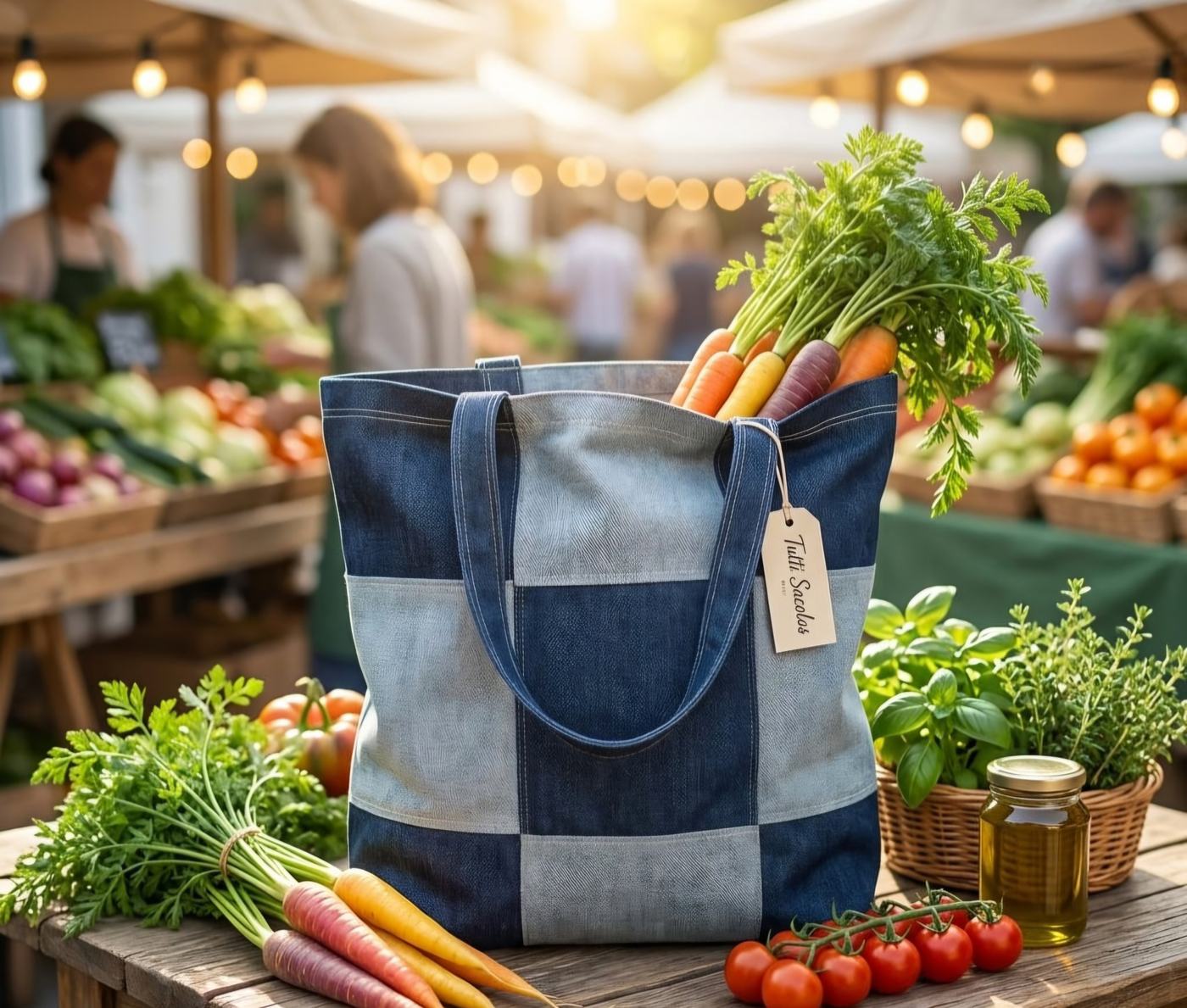 Tutti Sacolas cheia de verduras e legumes sobre uma banca de feira