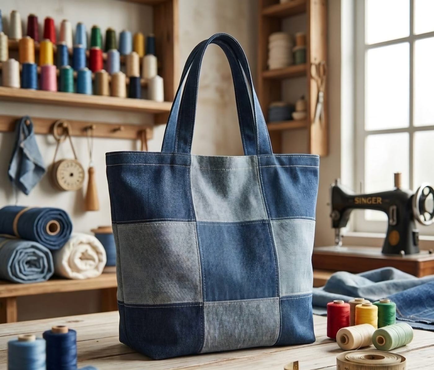 Ateliê de costura com máquina Singer, rolos de tecido jeans e linhas coloridas